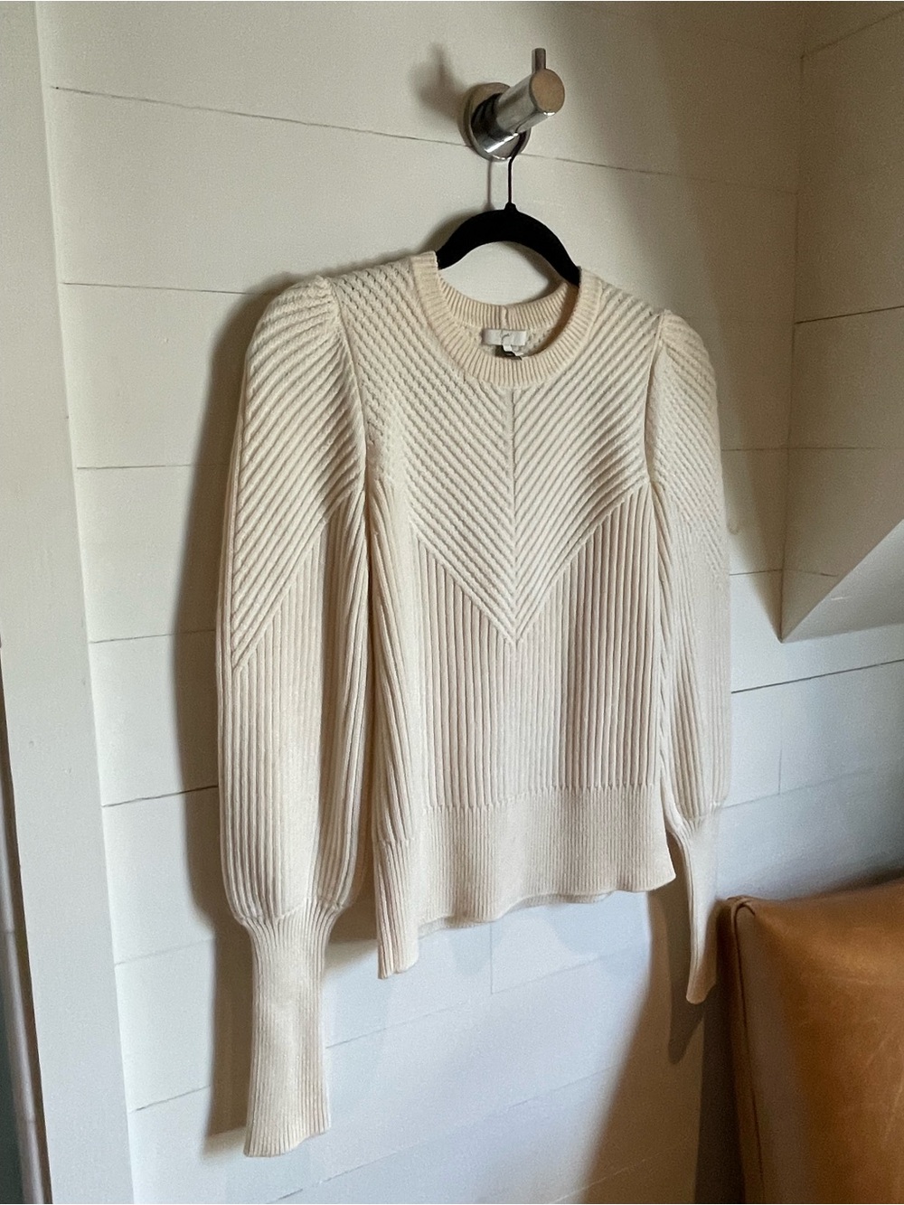 Joie Ivory Chevron-Rib Puff Sleeve Crewneck Sweater